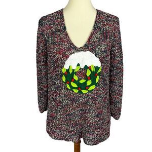 Nic+Zoe Holiday Wreath V-Neck 3/4 Sleeve Asymmetrical Hem Pullover Sweater Large